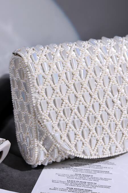 Shop The Tan Clan White Beads, Pearls Claire Flapover Bag Shop_The Tan Clan_White Beads, Pearls Claire Flapover Bag