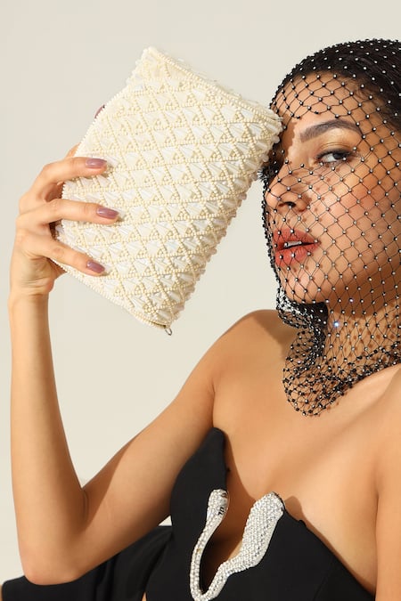 The Tan Clan White Beads, Pearls Claire Flapover Bag