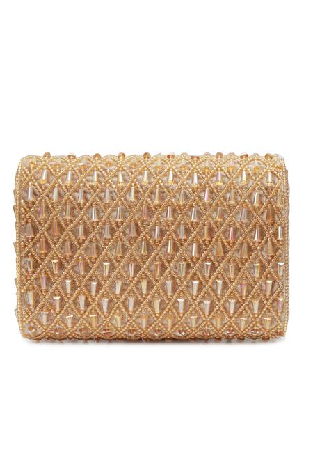 The Tan Clan_Gold Beads, Crystals Claire Flapover Bag _Online_at_Aza_Fashions