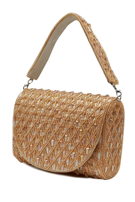 Shop_The Tan Clan_Gold Beads, Crystals Claire Flapover Bag _Online_at_Aza_Fashions