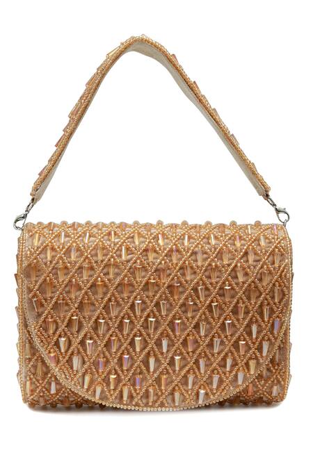 The Tan Clan_Gold Beads, Crystals Claire Flapover Bag _at_Aza_Fashions