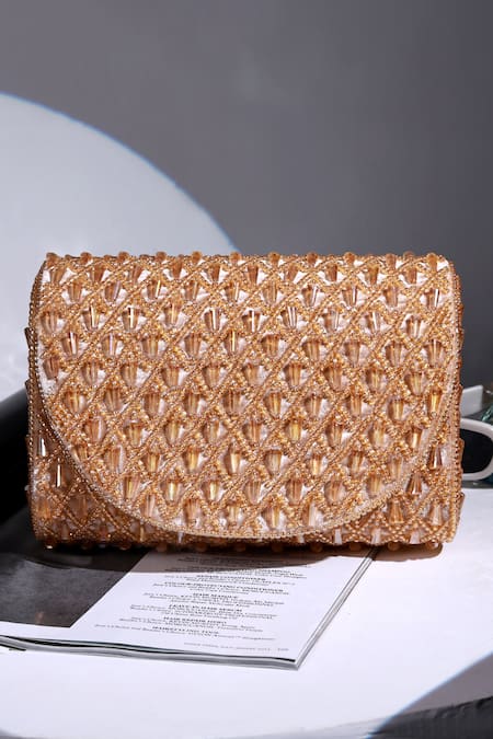 Shop_The Tan Clan_Gold Beads, Crystals Claire Flapover Bag _at_Aza_Fashions
