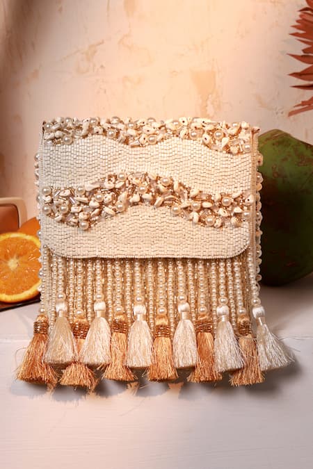 The Tan Clan White Beads, Pearls, Tassels Jena Embellished Flapover Bag 
