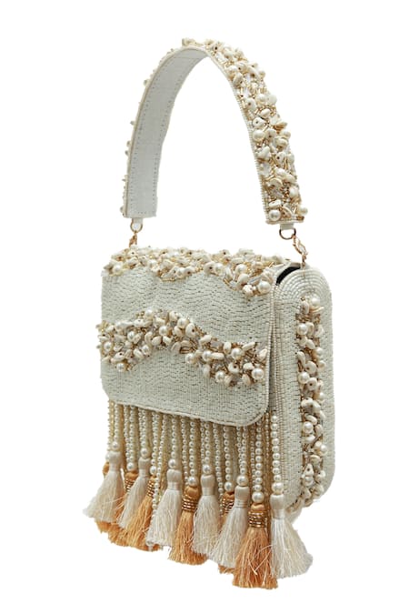 Buy The Tan Clan White Beads, Pearls, Tassels Jena Embellished Flapover Bag Online at Aza Fashions Buy_The Tan Clan_White Beads, Pearls, Tassels Jena Embellished Flapover Bag _Online_at_Aza_Fashions