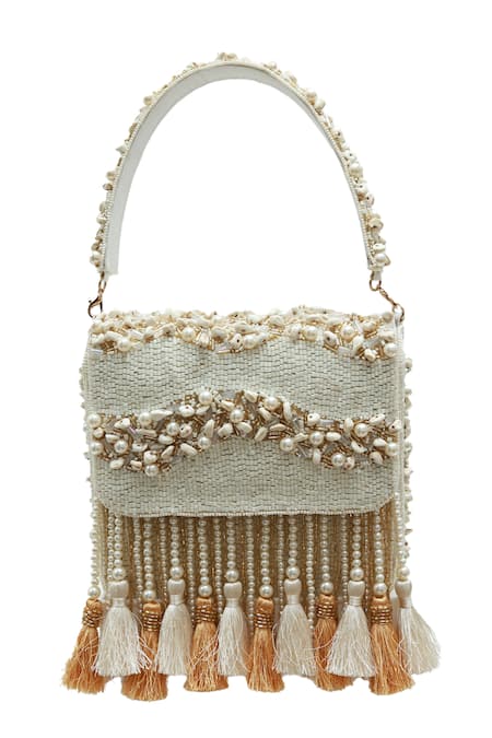 Shop The Tan Clan White Beads, Pearls, Tassels Jena Embellished Flapover Bag at Aza Fashions Shop_The Tan Clan_White Beads, Pearls, Tassels Jena Embellished Flapover Bag _at_Aza_Fashions