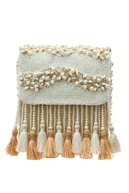 The Tan Clan White Beads, Pearls, Tassels Jena Embellished Flapover Bag at Aza Fashions The Tan Clan_White Beads, Pearls, Tassels Jena Embellished Flapover Bag _at_Aza_Fashions