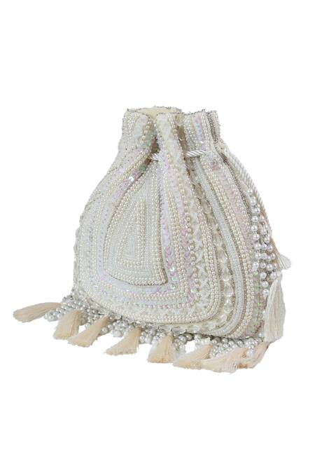 The Tan Clan_White Beads, Pearls, Sequins, Tassels Nora Potli Bag _at_Aza_Fashions
