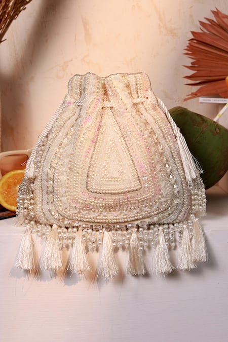 Shop_The Tan Clan_White Beads, Pearls, Sequins, Tassels Nora Potli Bag _at_Aza_Fashions