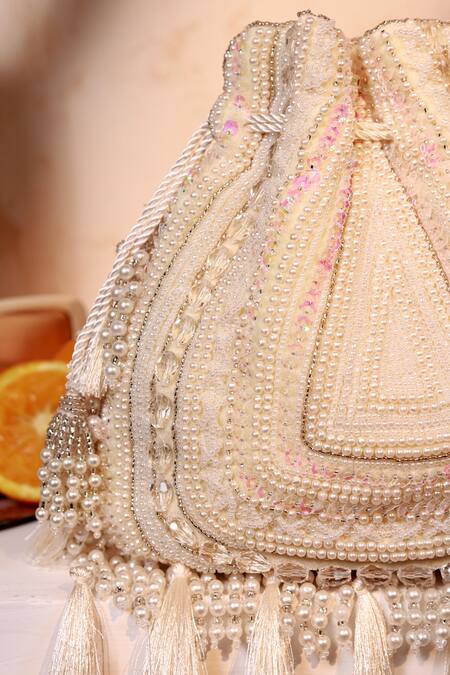 Shop_The Tan Clan_White Beads, Pearls, Sequins, Tassels Nora Potli Bag 