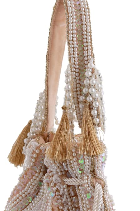 The Tan Clan_Beige Beads, Pearls, Sequins, Tassels Nora Potli Bag _Online_at_Aza_Fashions