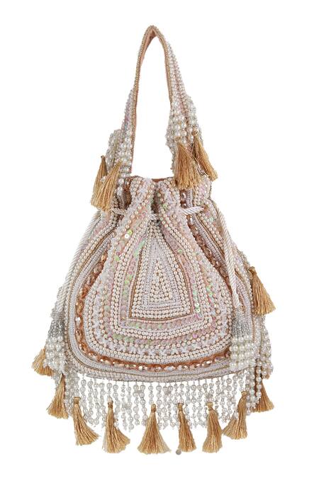 The Tan Clan_Beige Beads, Pearls, Sequins, Tassels Nora Potli Bag _at_Aza_Fashions