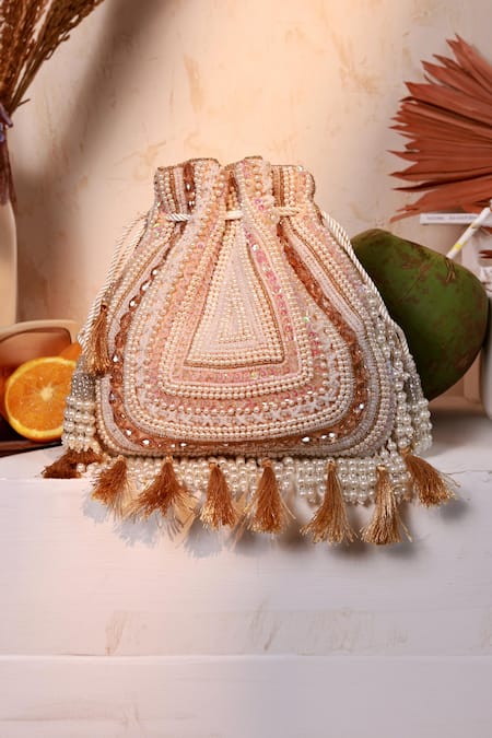 The Tan Clan Nora Beige Tasselled Potli Bag 