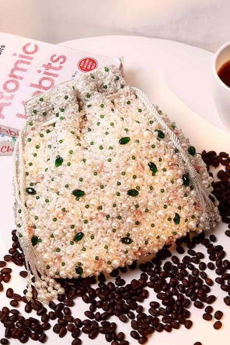 Buy_The Tan Clan_White Beads, Pearls, Stones, Tassels Ayra Potli Bag 