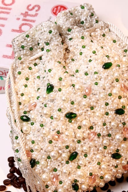 Shop_The Tan Clan_White Beads, Pearls, Stones, Tassels Ayra Potli Bag 