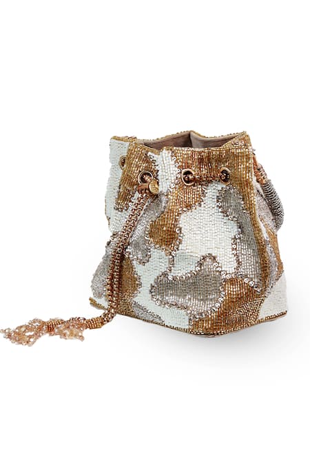 The Tan Clan_White Beads, Sequins, Tassels Terra Bucket Bag _Online_at_Aza_Fashions