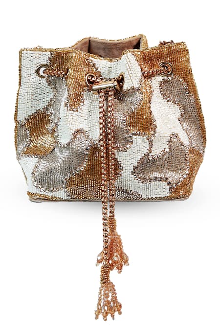 Buy_The Tan Clan_White Beads, Sequins, Tassels Terra Bucket Bag _Online_at_Aza_Fashions