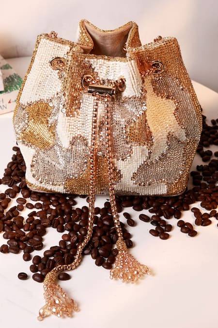 The Tan Clan_White Beads, Sequins, Tassels Terra Bucket Bag _at_Aza_Fashions