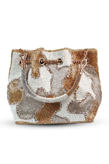 Buy_The Tan Clan_White Beads, Sequins, Tassels Terra Bucket Bag 