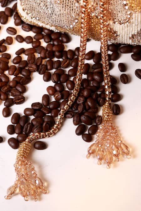 Shop_The Tan Clan_White Beads, Sequins, Tassels Terra Bucket Bag 