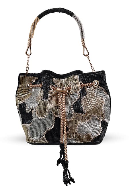 Shop_The Tan Clan_Black Beads, Tassels Terra Bucket Bag _at_Aza_Fashions