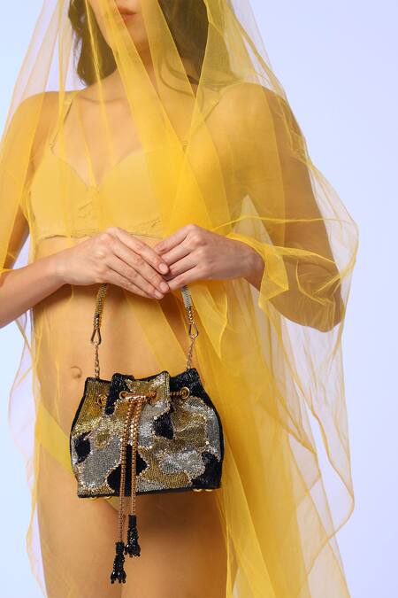 Buy_The Tan Clan_Black Beads, Tassels Terra Bucket Bag 