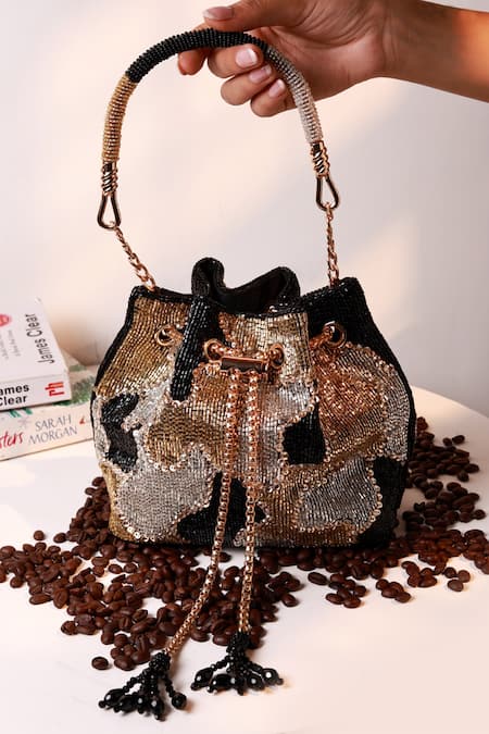 The Tan Clan Black Beads, Tassels Terra Bucket Bag 