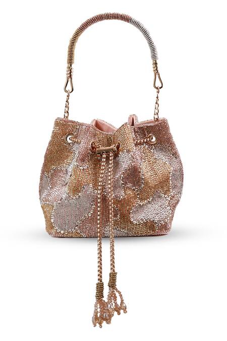 The Tan Clan_Rose Gold Beads, Sequins, Tassels Terra Bucket Bag _Online_at_Aza_Fashions