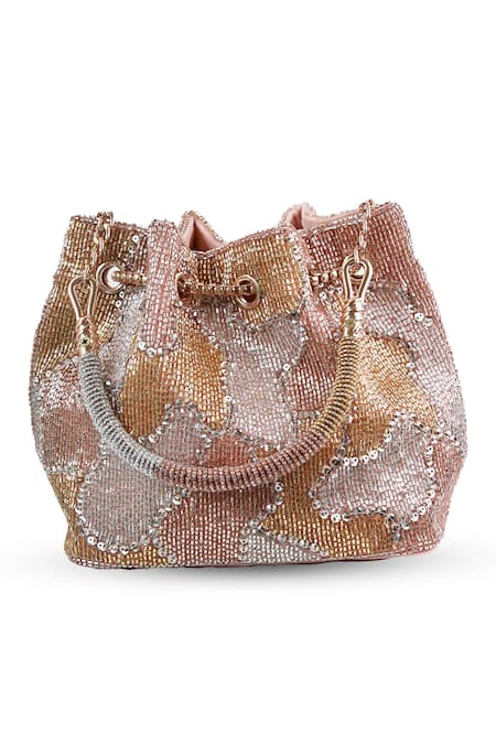Shop_The Tan Clan_Rose Gold Beads, Sequins, Tassels Terra Bucket Bag _at_Aza_Fashions