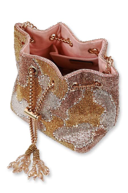 Buy_The Tan Clan_Rose Gold Beads, Sequins, Tassels Terra Bucket Bag _Online_at_Aza_Fashions