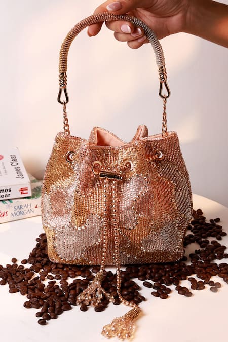 The Tan Clan Rose Gold Beads, Sequins, Tassels Terra Bucket Bag 