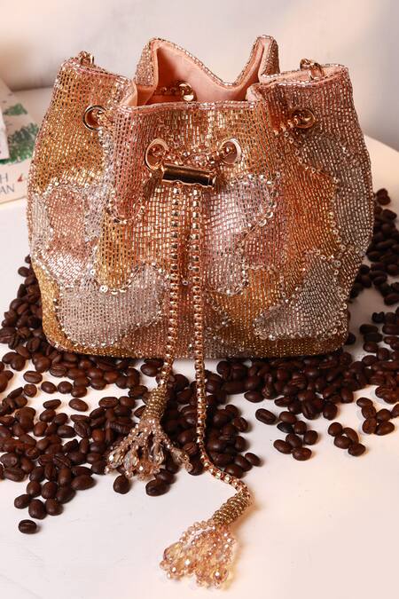 Buy_The Tan Clan_Rose Gold Beads, Sequins, Tassels Terra Bucket Bag 