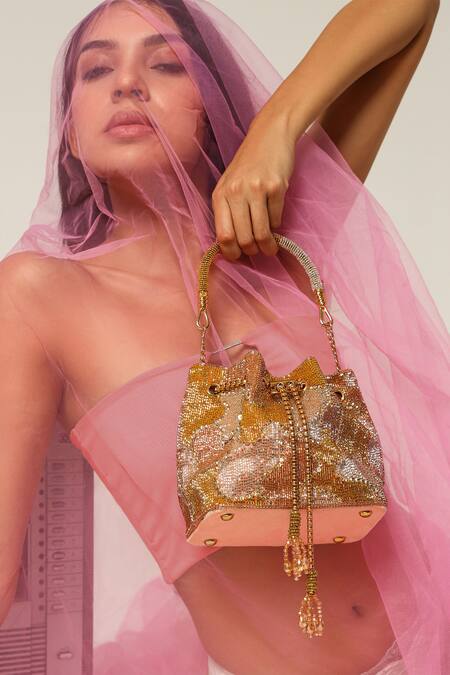 Shop_The Tan Clan_Rose Gold Beads, Sequins, Tassels Terra Bucket Bag 
