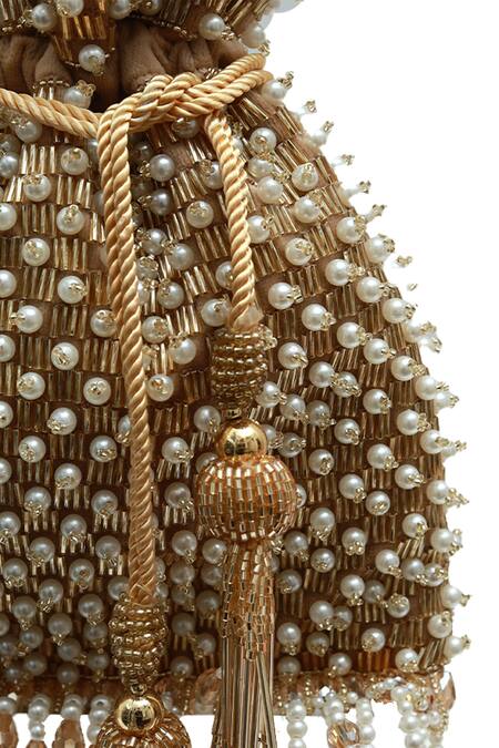 Shop_The Tan Clan_Gold Beads, Pearls, Tassels Adhya Potli Bag _Online_at_Aza_Fashions
