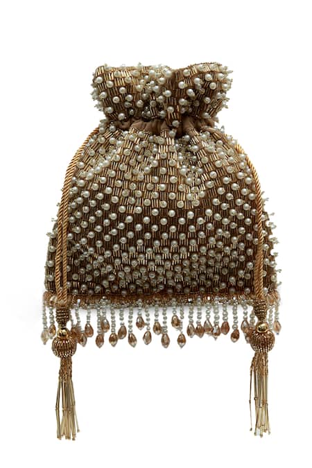 Shop_The Tan Clan_Gold Beads, Pearls, Tassels Adhya Potli Bag _at_Aza_Fashions