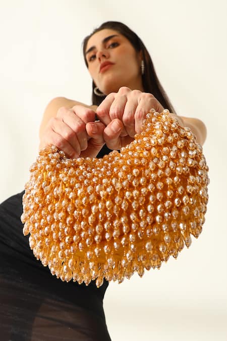 The Tan Clan_Gold Beads, Crystals Jia Half Moon Bag _Online_at_Aza_Fashions