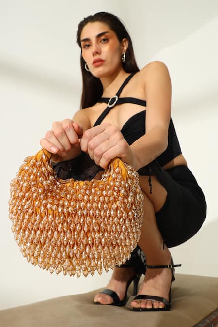 Buy_The Tan Clan_Gold Beads, Crystals Jia Half Moon Bag _Online_at_Aza_Fashions