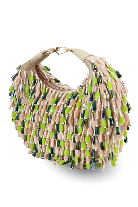 The Tan Clan_Beige Beads Bella Green Multicolor Half Moon Bag _Online_at_Aza_Fashions