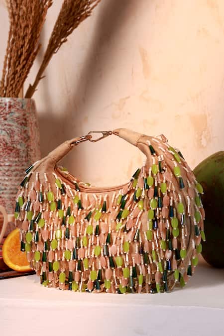 Shop_The Tan Clan_Beige Beads Bella Green Multicolor Half Moon Bag _Online_at_Aza_Fashions