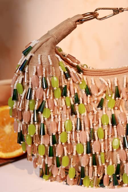 The Tan Clan_Beige Beads Bella Green Multicolor Half Moon Bag _at_Aza_Fashions