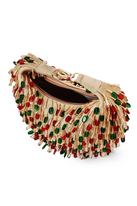 The Tan Clan_Beige Beads Bella Red Multicolor Half Moon Bag _Online_at_Aza_Fashions
