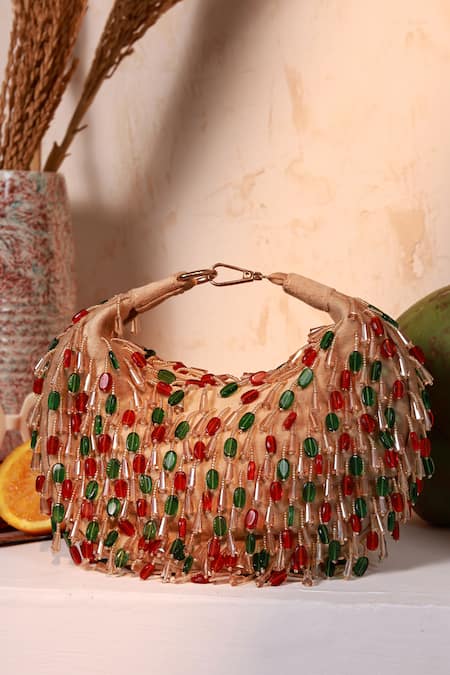 Buy_The Tan Clan_Beige Beads Bella Red Multicolor Half Moon Bag _Online_at_Aza_Fashions