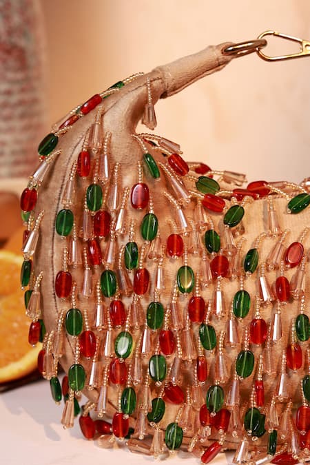 Shop_The Tan Clan_Beige Beads Bella Red Multicolor Half Moon Bag _Online_at_Aza_Fashions