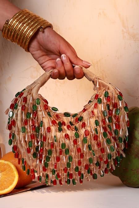 Buy_The Tan Clan_Beige Beads Bella Red Multicolor Half Moon Bag 