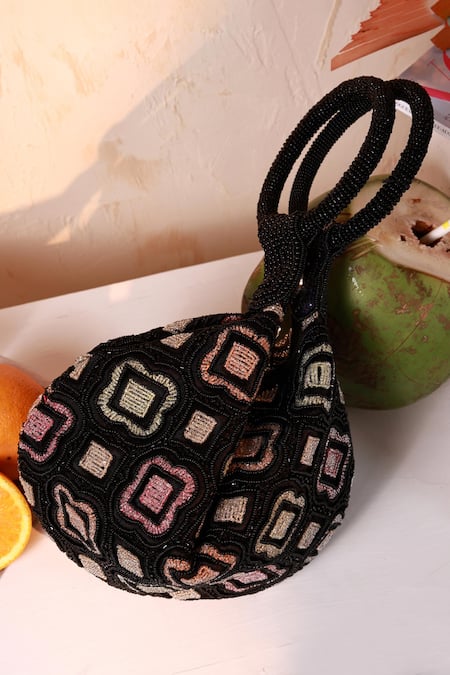 Shop_The Tan Clan_Black Beads Luna Half Moon Bag _at_Aza_Fashions