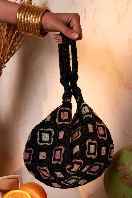 The Tan Clan Black Beads Luna Half Moon Bag 