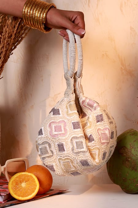 The Tan Clan White Beads Luna Half Moon Bag 