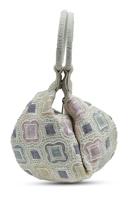 Shop_The Tan Clan_White Beads Luna Half Moon Bag _Online_at_Aza_Fashions