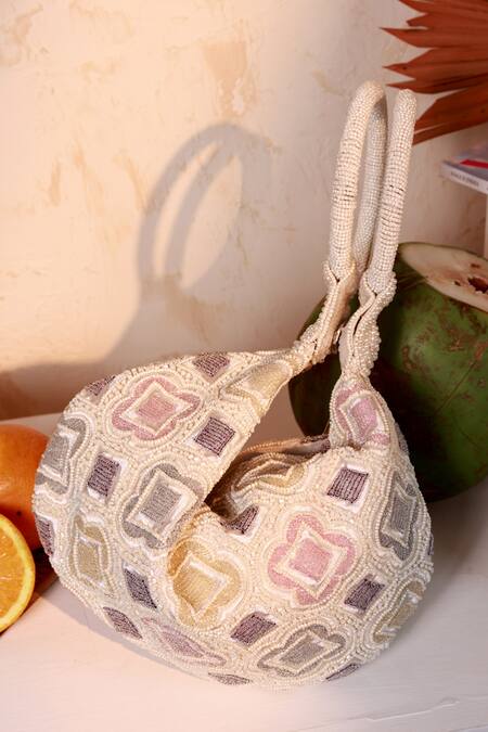 The Tan Clan_White Beads Luna Half Moon Bag _at_Aza_Fashions