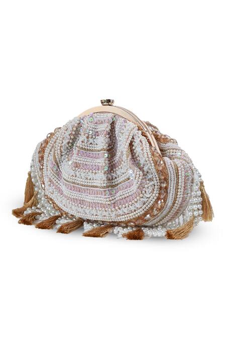 The Tan Clan Beige Beads, Sequins, Pearls, Tassels Nora Half Moon Bag Online at Aza Fashions The Tan Clan_Beige Beads, Sequins, Pearls, Tassels Nora Half Moon Bag _Online_at_Aza_Fashions