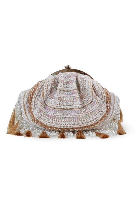 Buy The Tan Clan Beige Beads, Sequins, Pearls, Tassels Nora Half Moon Bag Online at Aza Fashions Buy_The Tan Clan_Beige Beads, Sequins, Pearls, Tassels Nora Half Moon Bag _Online_at_Aza_Fashions
